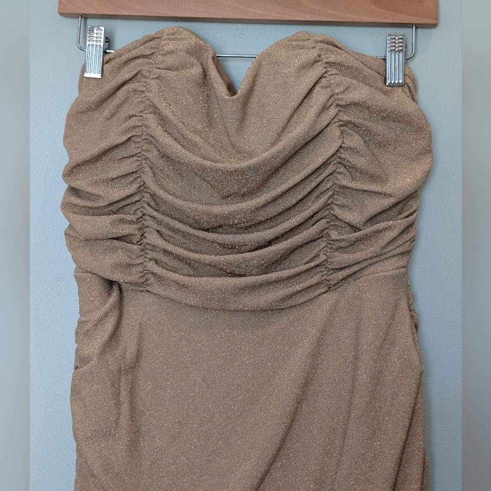 New! Rare London Drape Wrap Strapless Midi Pencil Dress in Gold Glitter - Picture 9 of 9